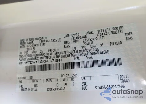 2015 Ford F-150 Lariat from USA, damaged, VIN 1FTEW1EGXFFC71847